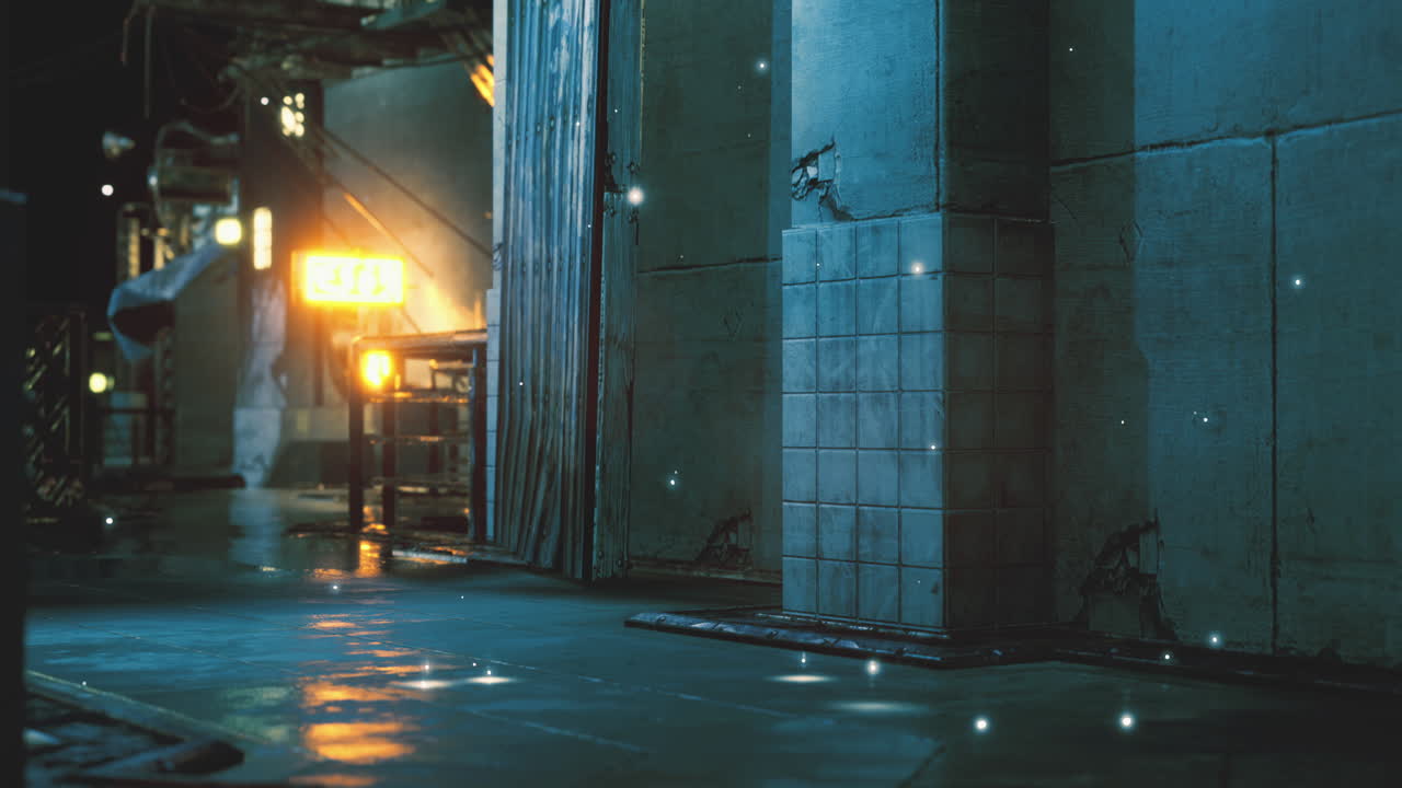 Nighttime urban alley illuminated by soft lights and shimmering particles