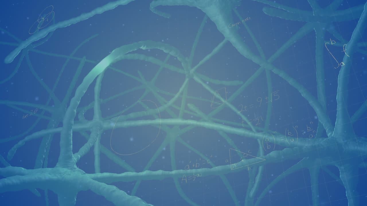 animación de ecuaciones matemáticas sobre neuronas digitales sobre un fondo negro