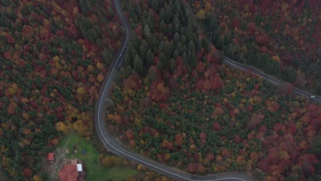 Regen-Fällt-über-Autos,-Die-Auf-Kurvenreichen-Bergstraßen-Im-Dramatischen-Herbstwald-Fahren