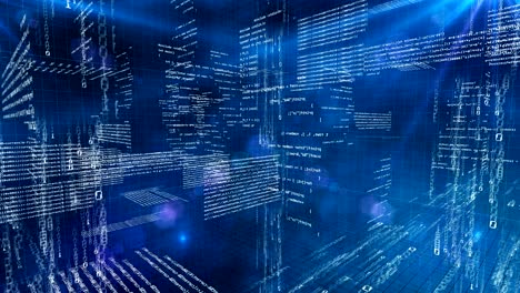 programming code 3d world, inside machine processes, blue tech background