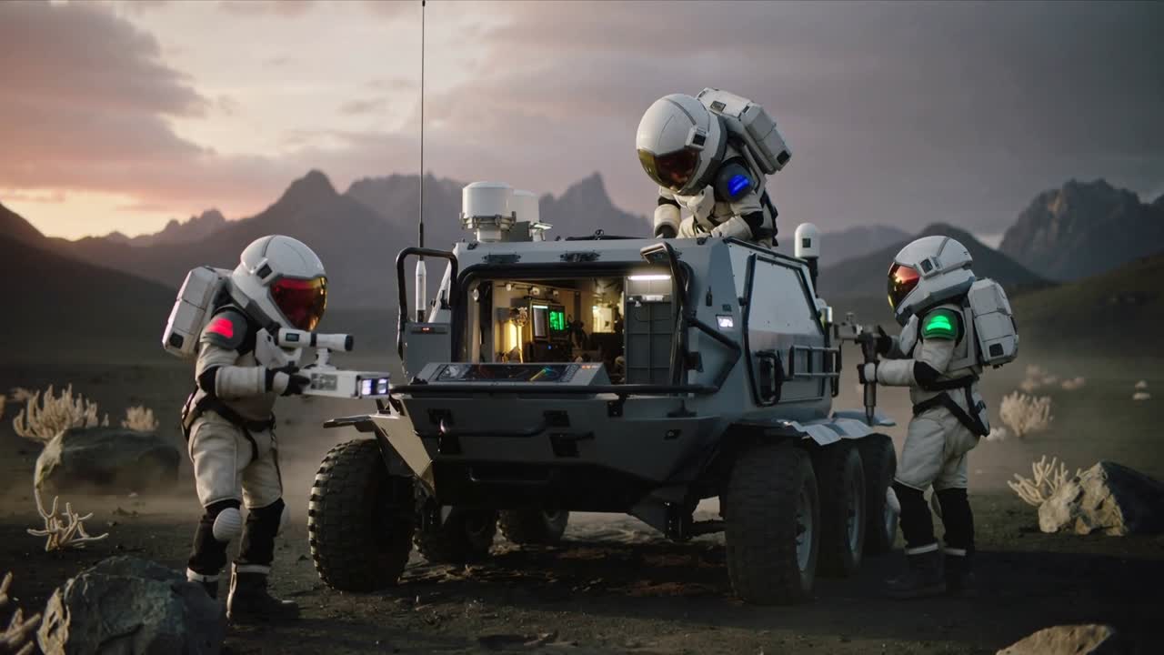 Ispezione dopo la sosta del rover, con l'equipaggio EVA che usa un tablet per controllare il vano del rover su una pianura rocciosa.