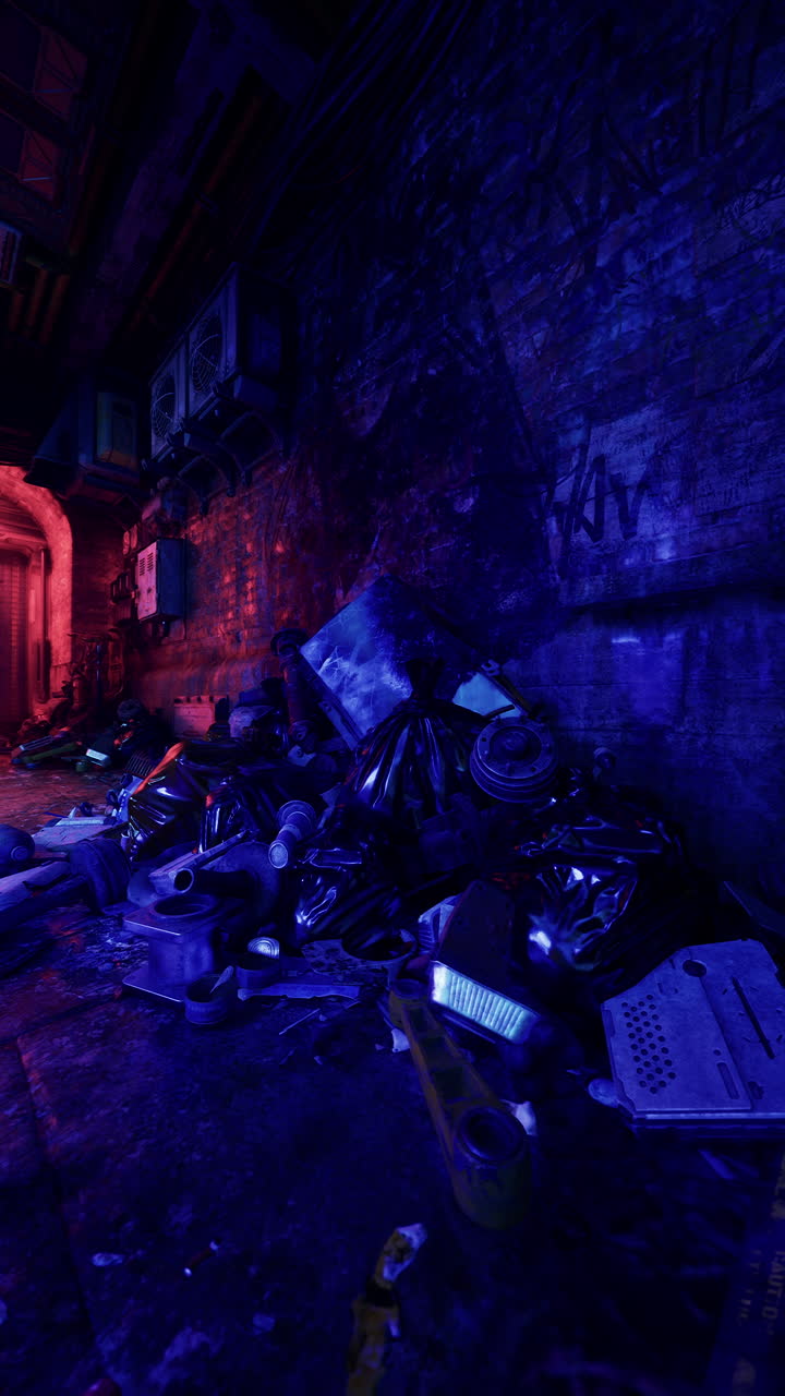 callejón oscuro con basura y graffiti