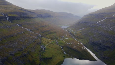 drone footage of the the saksun village on the streymoy island in the faroe islands