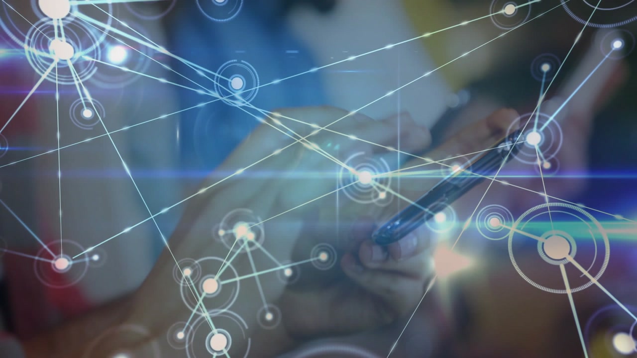 Three colleagues tapping phones in cafe, central HUD node sparking network growth for data exchange