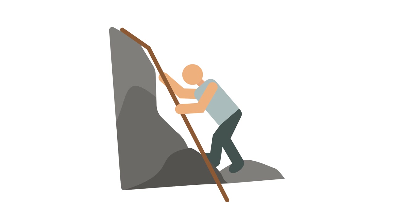 Animated Man Climbing a Steep Mountain with a Stick