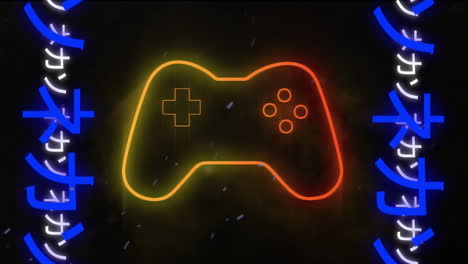 animation of video game pad over neon japanese writing on black background