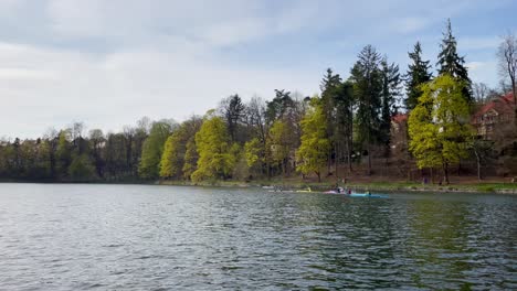 Gruppe-Von-Kajakfahrern,-Die-Auf-Damm-Oder-See-In-Liberec,-Tschechische-Republik,-Weitwinkelansicht,-Sonniger-Tag-Kajak-Fahren