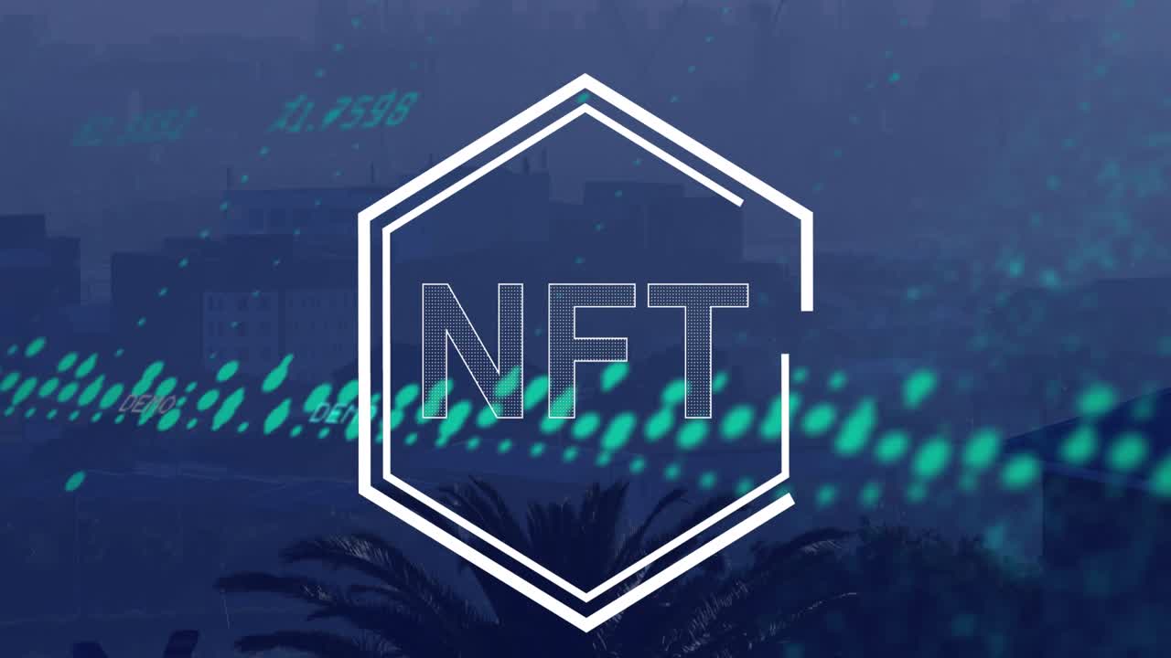 Animazione di grafici e NFT su panorama urbano