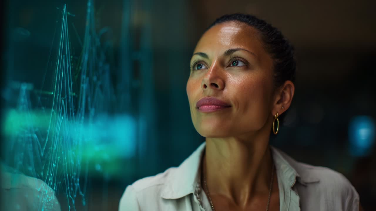 A Thoughtful Individual Analyzing Data Trends in a Dimly Lit Environment, Reflecting on Insights and Implications of Graphical Information Displayed on a Screen Behind Her