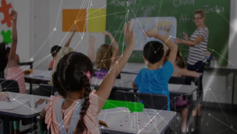 students raising hands in education classroom, with animated world map markers and floating puzzles