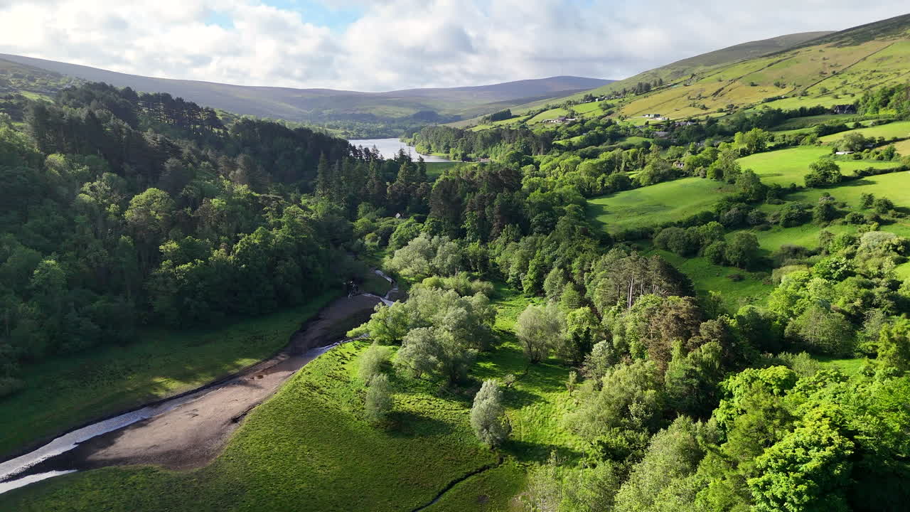 Fly over of a valley in Co Dublin with rivers and stream and Reservoirs!