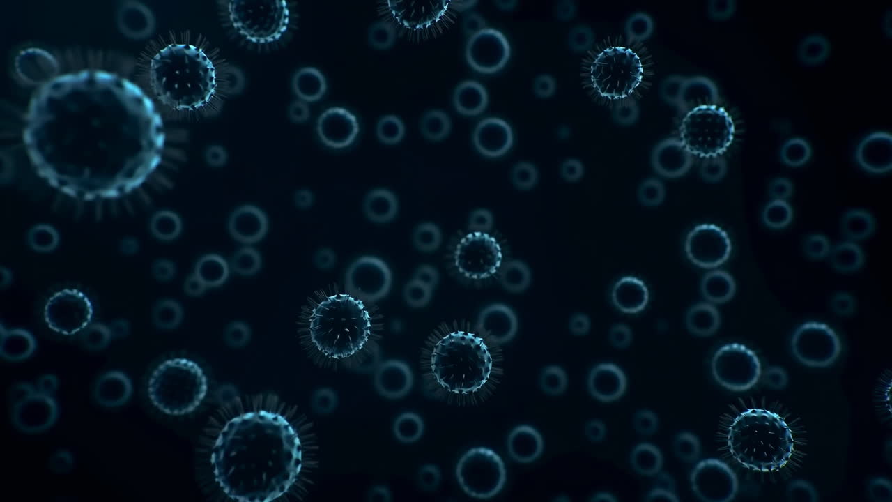 Floating Blue Virus Particles Under Microscope, Spherical Spiky Virions Drifting Through Dark Fluid, Glowing