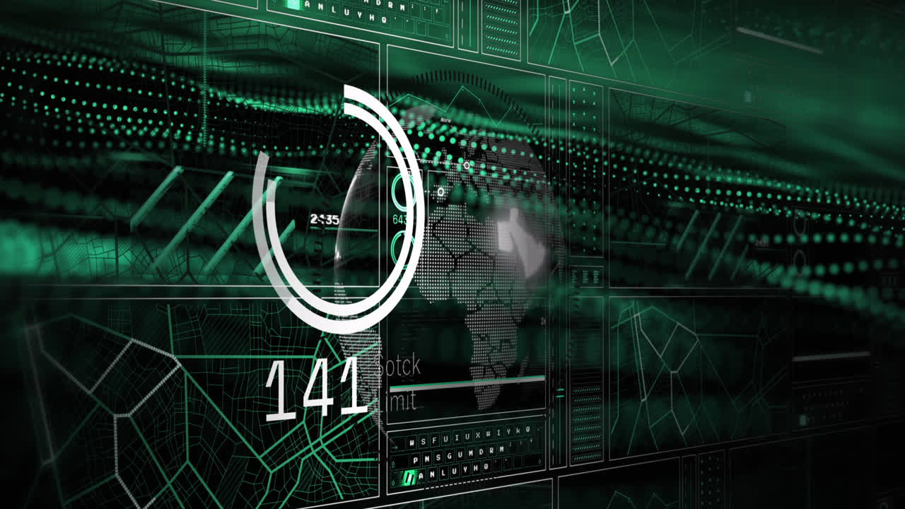 Animation of data processing and spots on black background