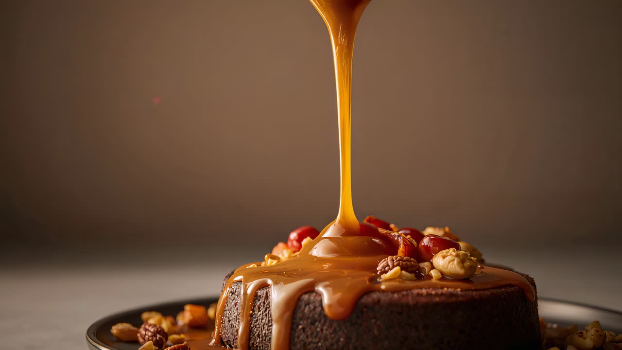 Pouring caramel stream descending onto chocolate cake on dark plate, coating red berries and nuts
