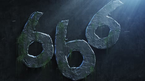 high quality dramatic motion graphic of the devil's 666 symbol, rapidly eroding and cracking and sprouting moss and weeds, with atmospheric light rays and dust motes