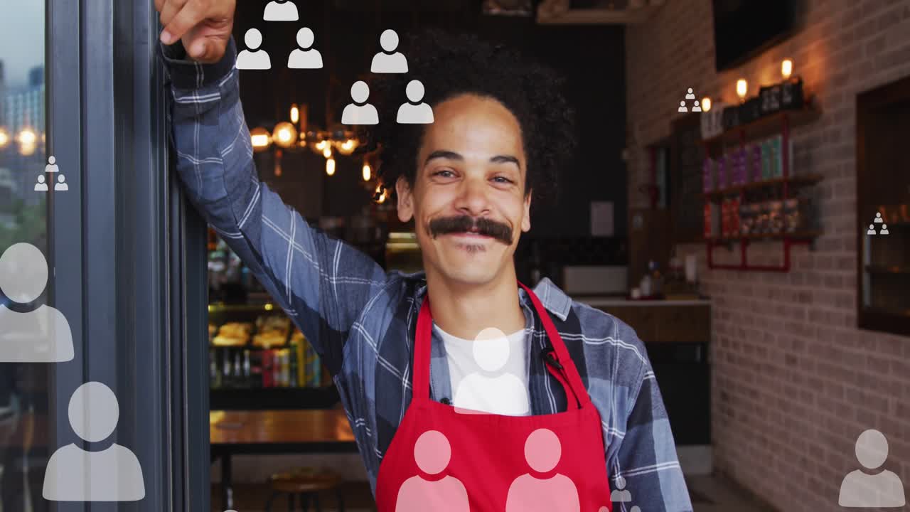 Animazione di diagrammi di flusso di icone di profilo, barista sorridente in piedi all'ingresso di un caffè.
