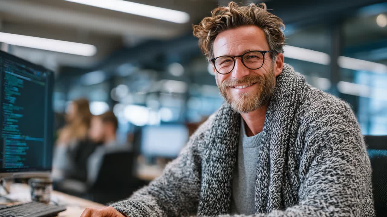 Engaging Professional Man with Beard in Casual Workspace Smiling at the Camera While Working on Computer During Bright Office Day