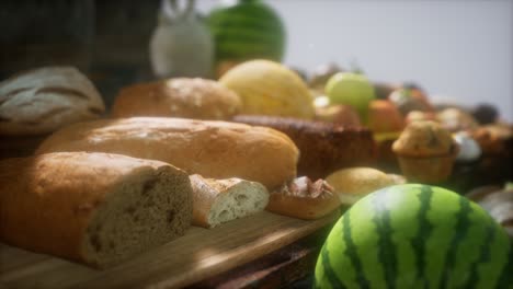 food table with wine barrels and some fruits, vegetables and bread