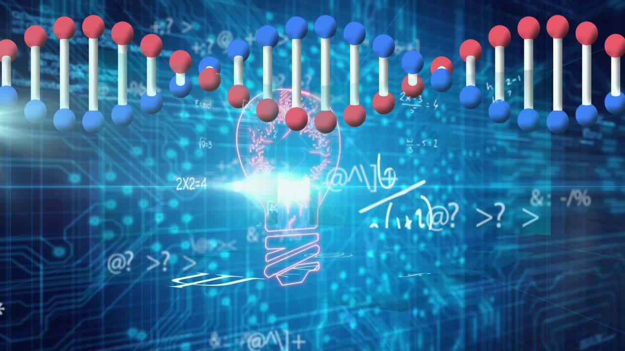 Animation of mathematical equations over dna strand and light bulb on black background