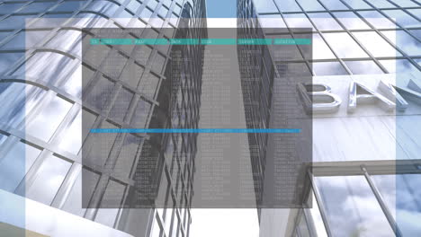 animation of computer interface over bank text on modern building against sky