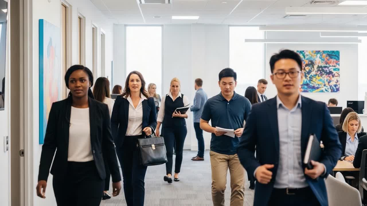 Professionals Moving Through a Modern Office Space: A Dynamic Environment Showcasing Collaboration, Engagement, and Corporate Culture in Action
