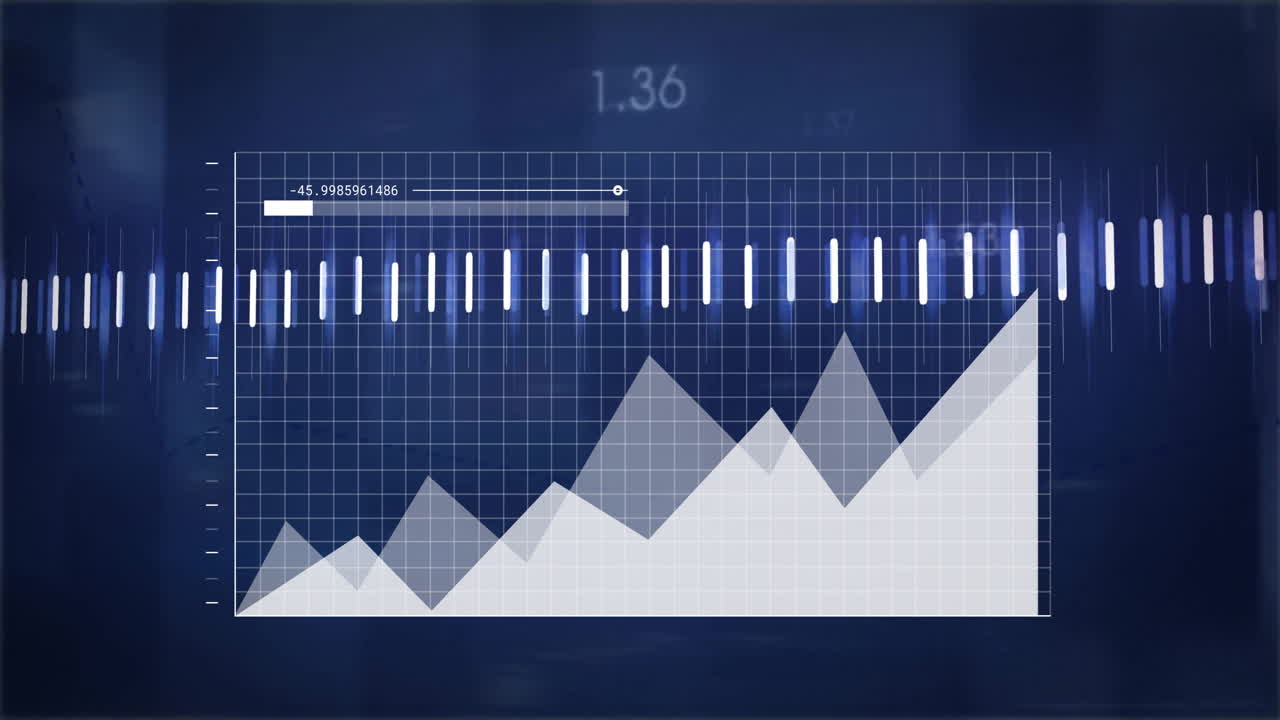 gráfico con datos fluctuantes y animación de ondas de sonido sobre fondo de cuadrícula azul