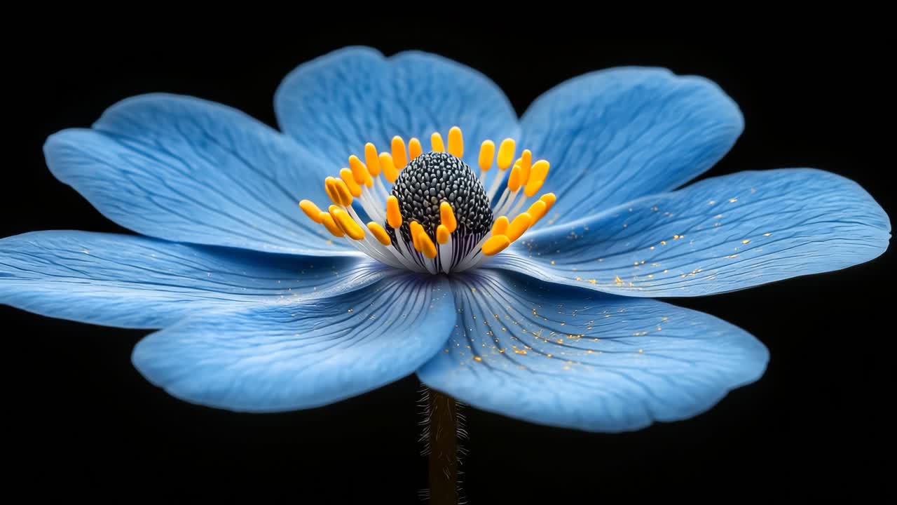 Beautiful blue flower in close-up detail. A vibrant blue flower with yellow center blooms against a dark background, highlighting nature's beauty.