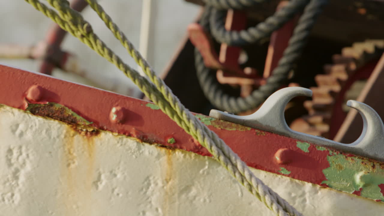 Primo piano di una galloccia con cima su uno scafo esposto alle intemperie, che mostra l'artigianato marittimo, la durata e l'ingegneria nautica in un ambiente portuale operativo