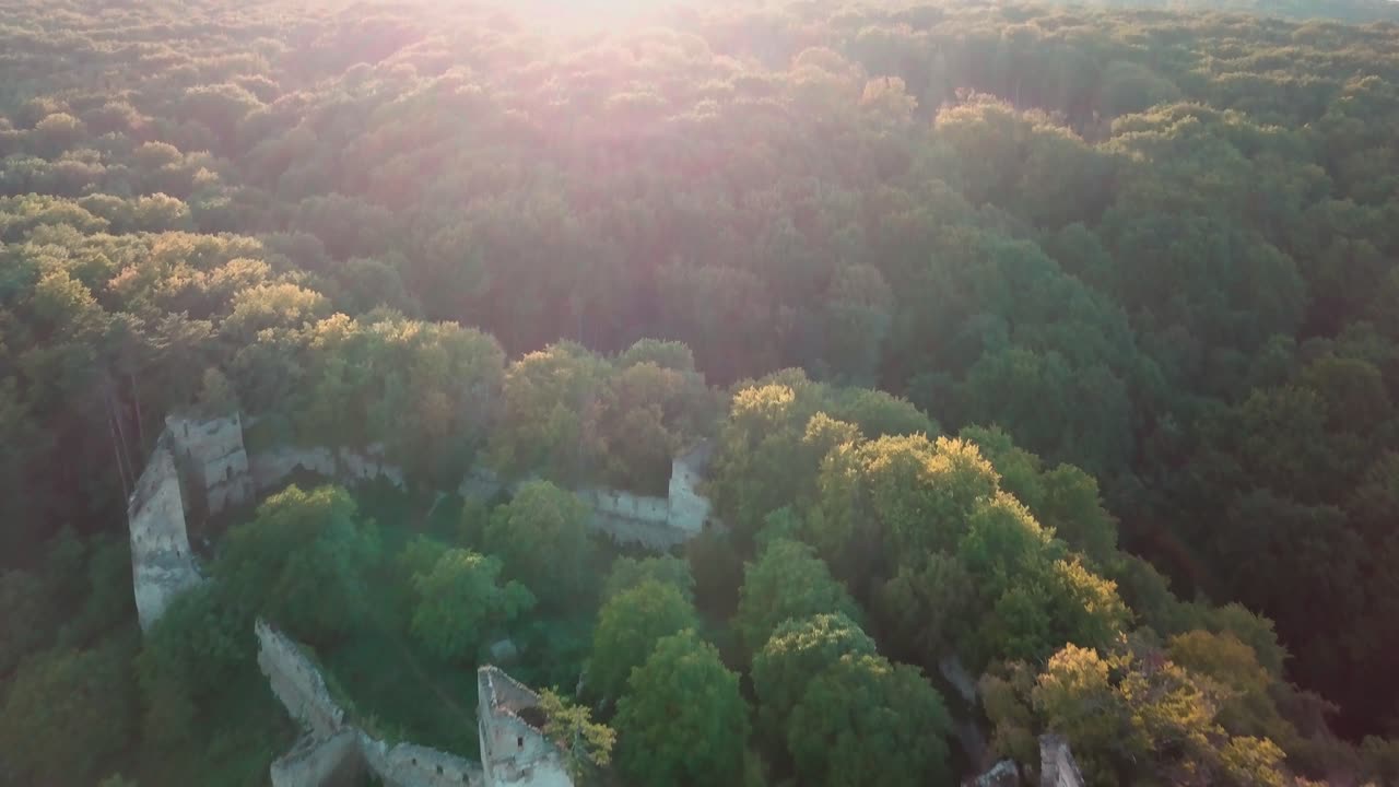 un dron inclinado hacia adelante disparó sobre las ruinas de un castillo rodeado por un bosque durante la hora dorada