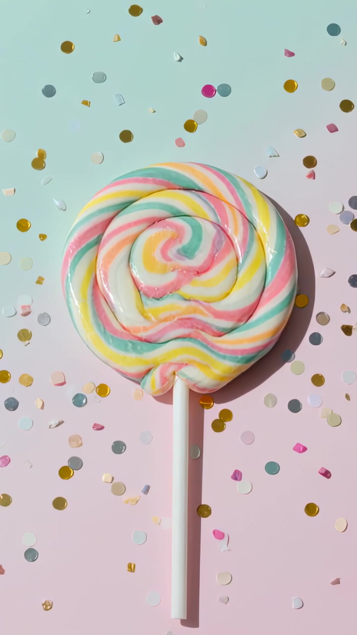 Verticale video: Inzoomende camera kadreert gedraaide lollystok op mintroze achtergrond, toont glans, confetti