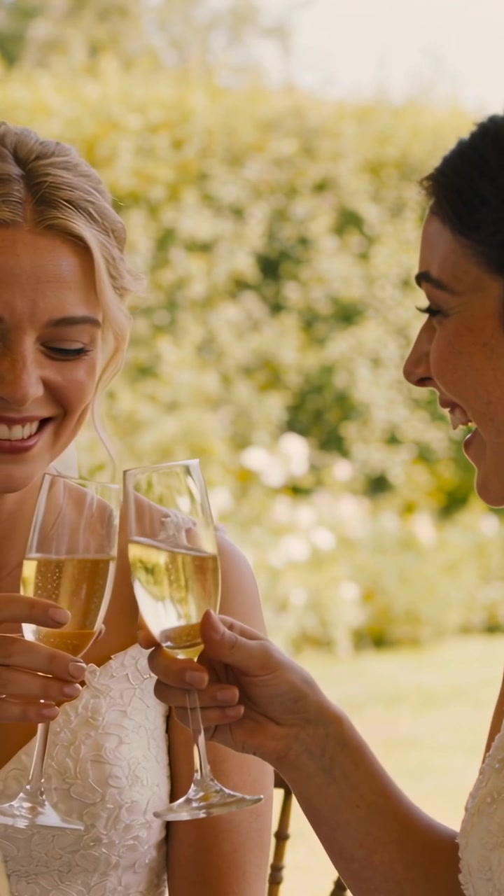 Vertical video: Two women smiling and clinking champagne flutes in wedding garden in white lace