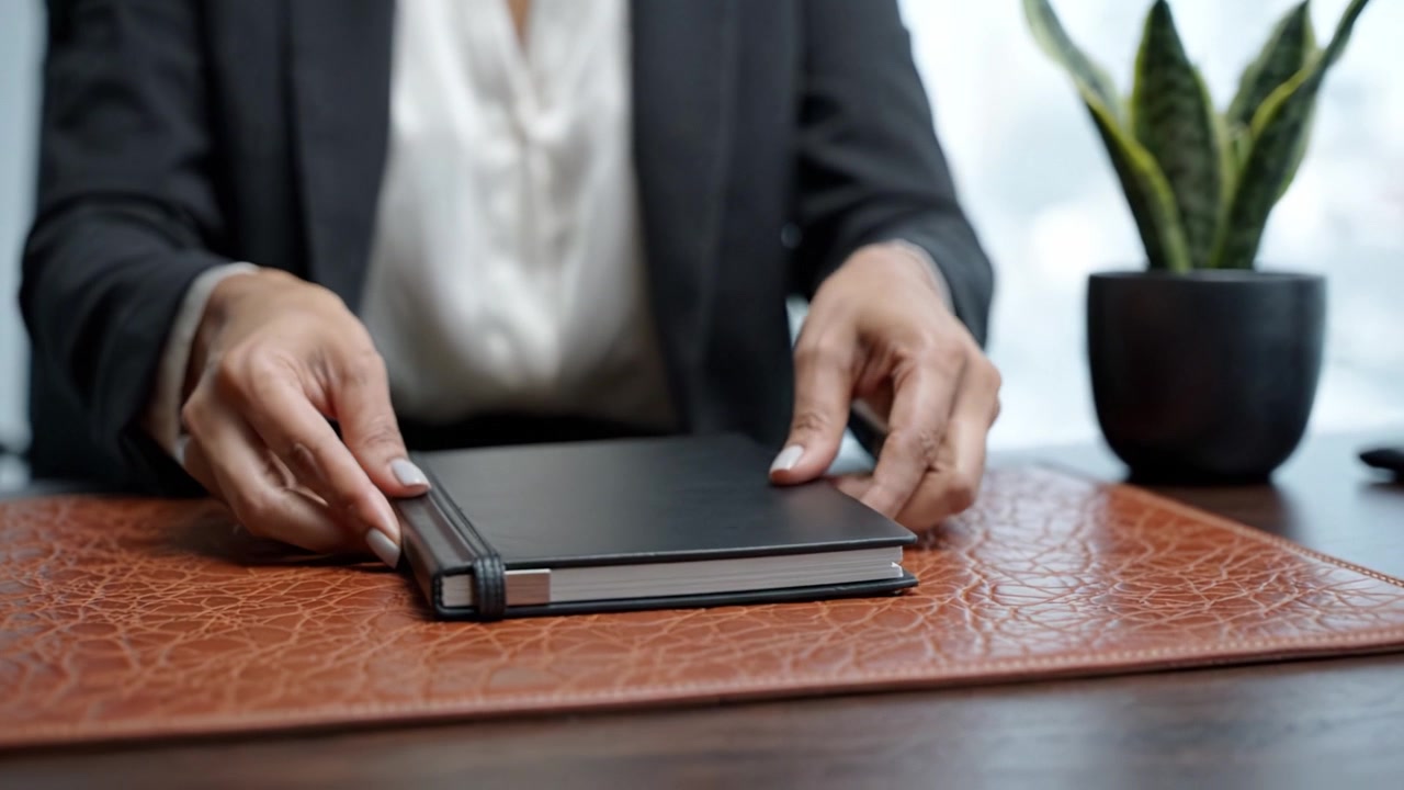Empresária profissional preparando anotações em sua mesa, exibindo um caderno elegante e um ambiente de trabalho sofisticado com uma pequena planta para um toque de vida