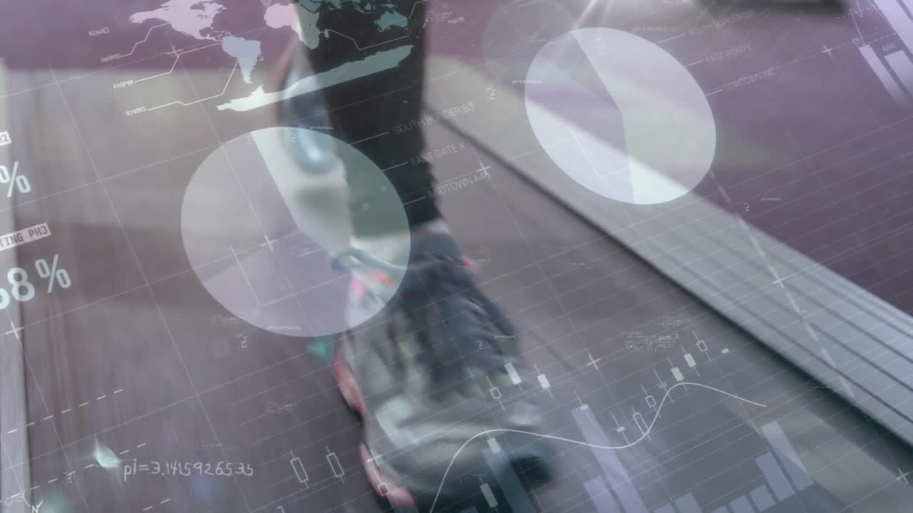 트레드밀에서 달리는 여성에 대한 금융 데이터 처리의 애니메이션