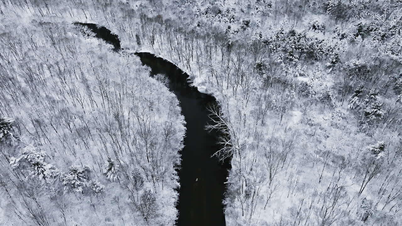 Prospettiva cinematografica da drone che mostra la Valle del fiume Huron coperta di neve dall'alto