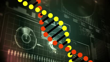 Animation-of-dna-strand-turning-over-interface-with-information-and-data-processing