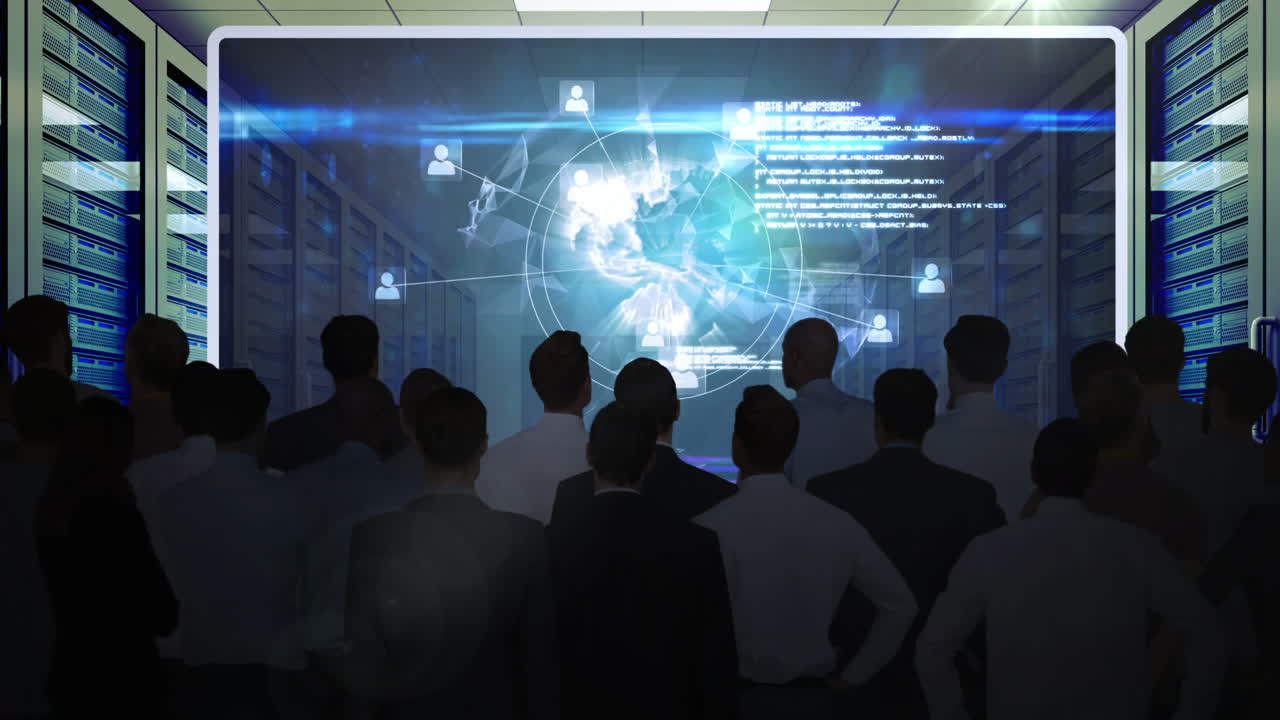 Business people watching tech interface on screen