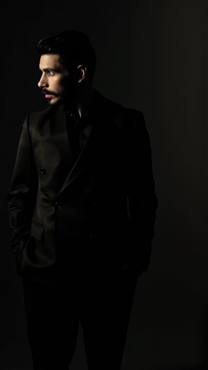 A man in a black suit posing in a low-key studio setting