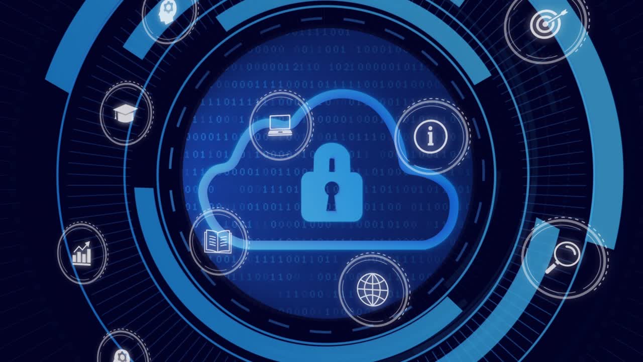 Upon icons drawing closer, arcs forming rings as icons orbiting cloud lock to show data security