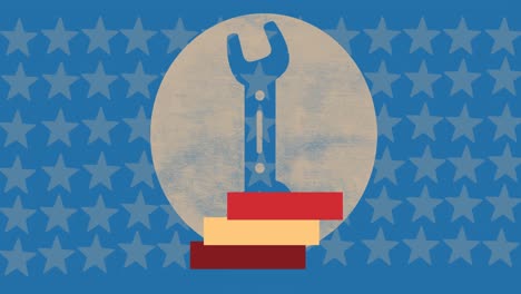 animation of wrench tool labour day symbol over american flag stars