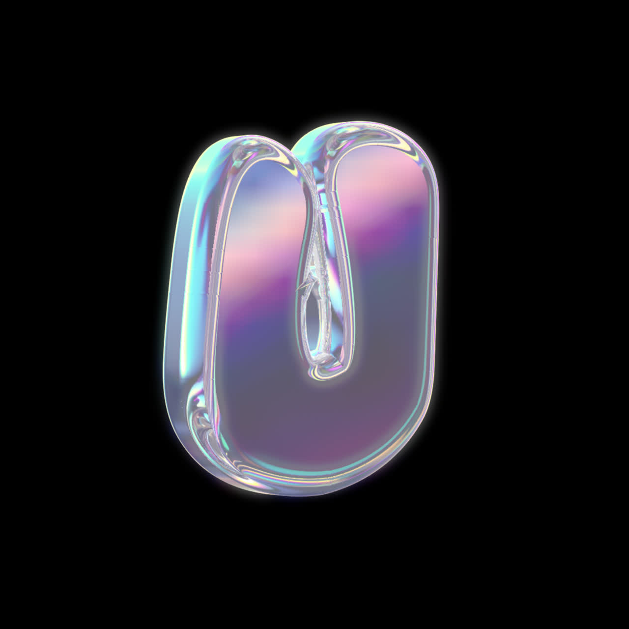 Iriserende 3D-letter U die roteert op een zwarte achtergrond