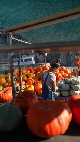 woman picking pumpkins at a fall market