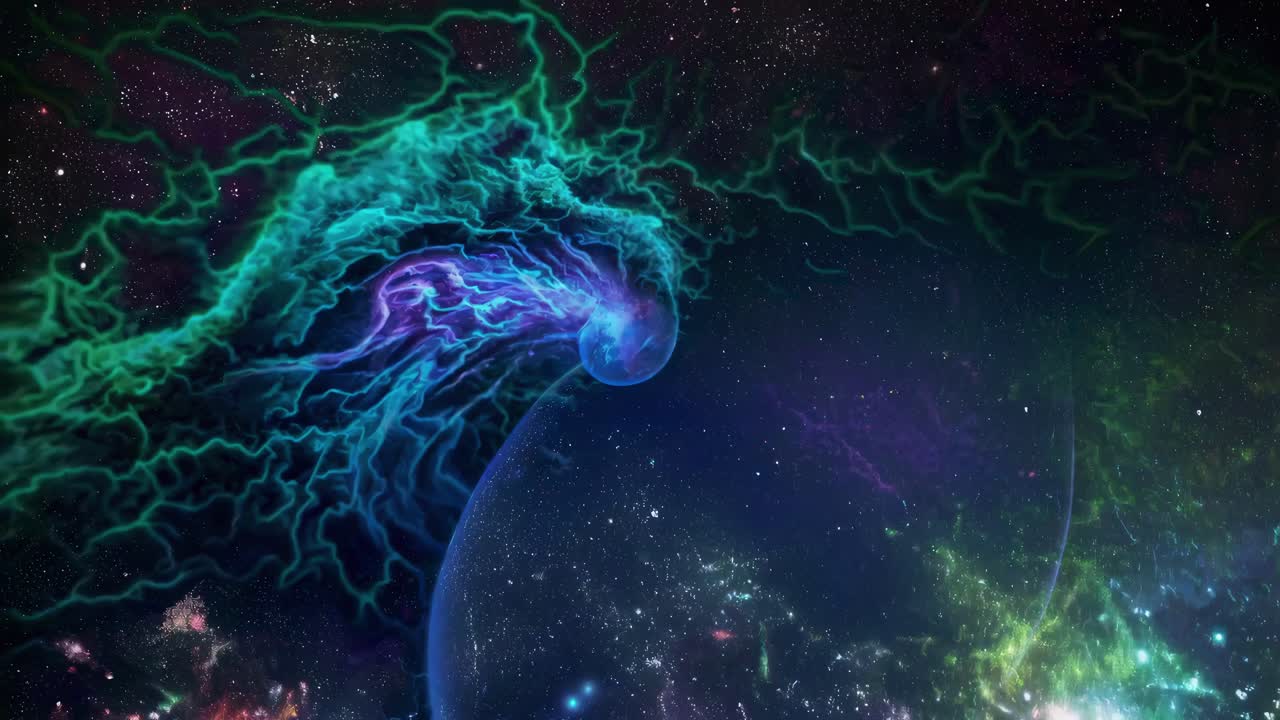 A cosmic video scene with a low-angle view of Earth and a distant planet, surrounded by colorful