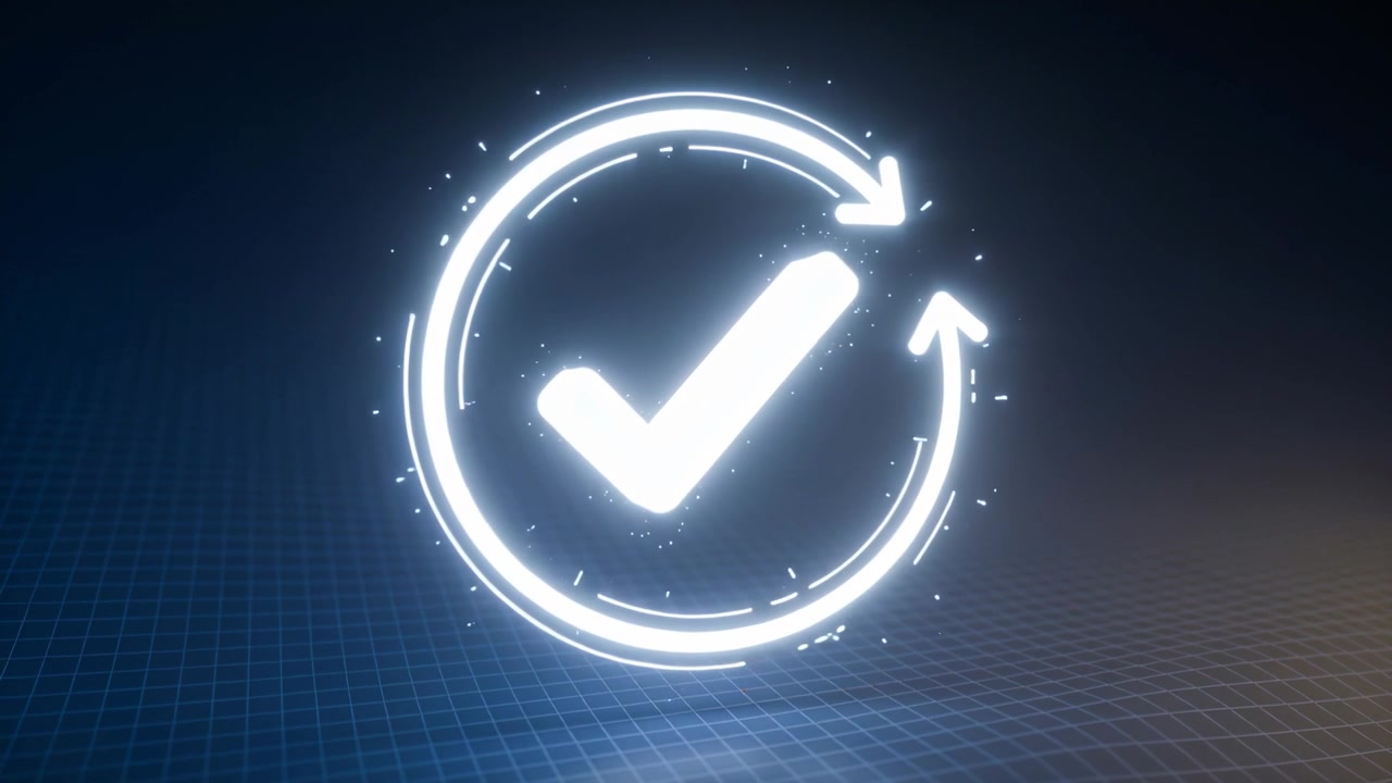 Activating neon checkmark inside circular arrow ring rotating on blue-grid, confirming with sparks
