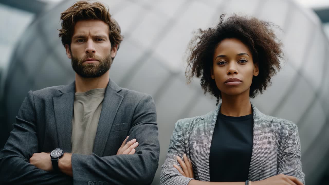 A Confident Duo: A Stylish Pair of Young Professionals Exuding Strength and Determination Against a Modern Architectural Background