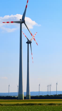 turbines create farm energy. large wind turbines stand tall against a clear blue sky, harnessing wind energy in a rural landscape during daylight