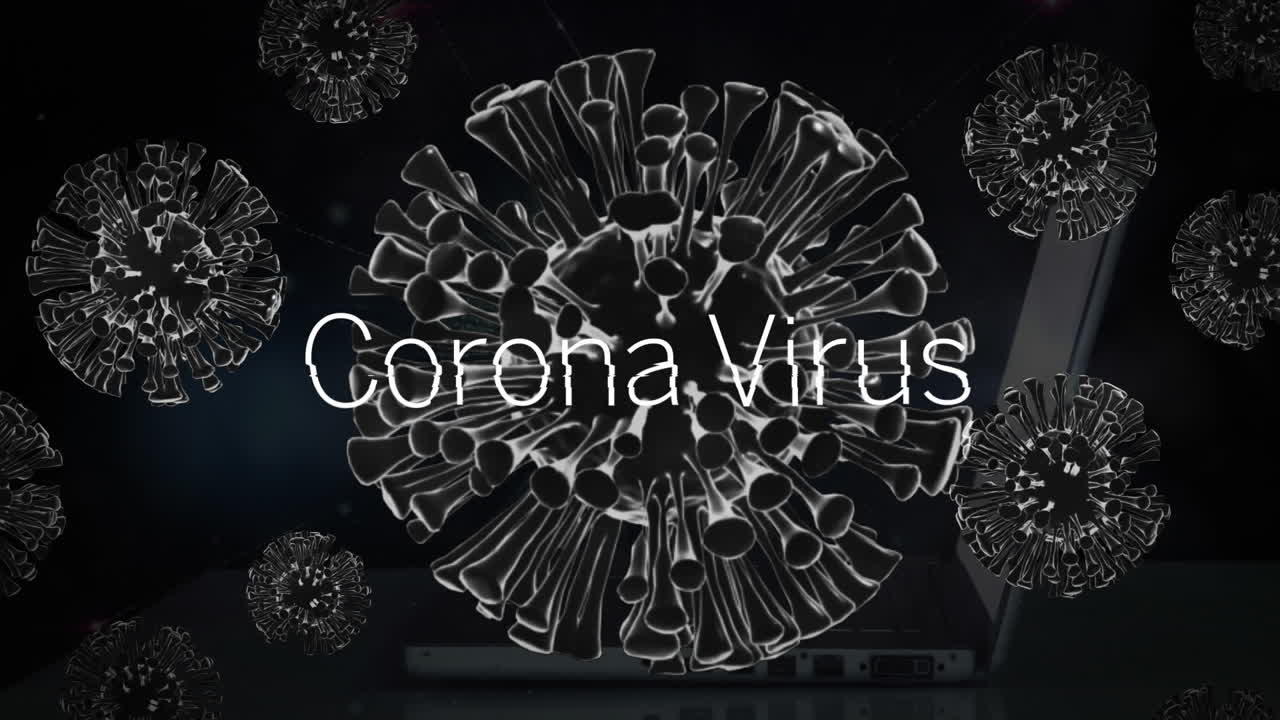 animación de células de virus de la corona sobre el texto del virus de la corona