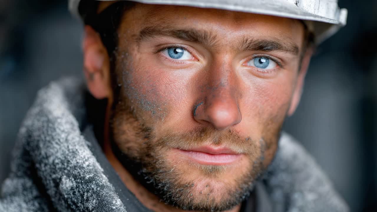 A Determined Worker Captured in Two Moments: A Close-Up of an Individual in a Hard Hat, Showcasing Grit and Resilience Amidst Dust and Labor