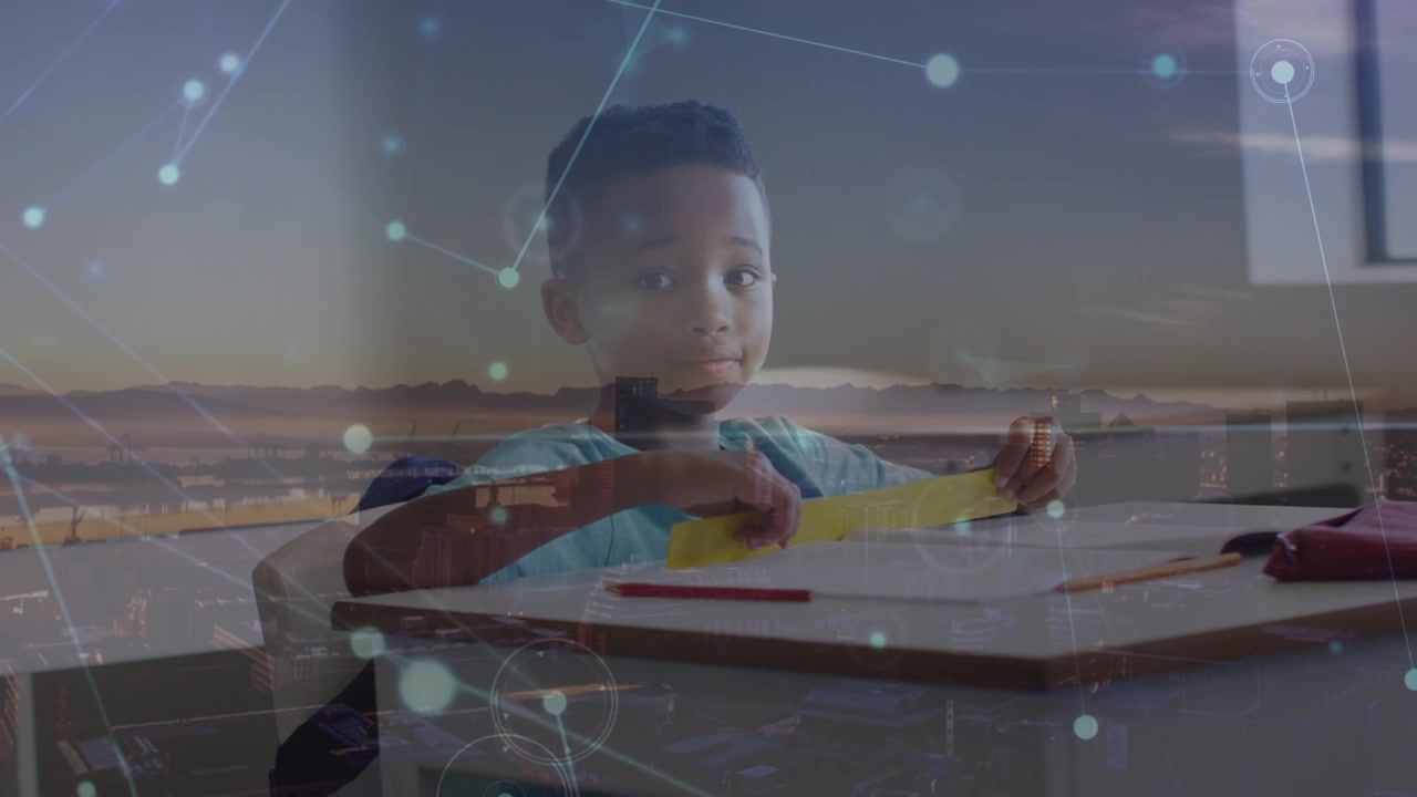 Animation of network of connections over africam american boy at school
