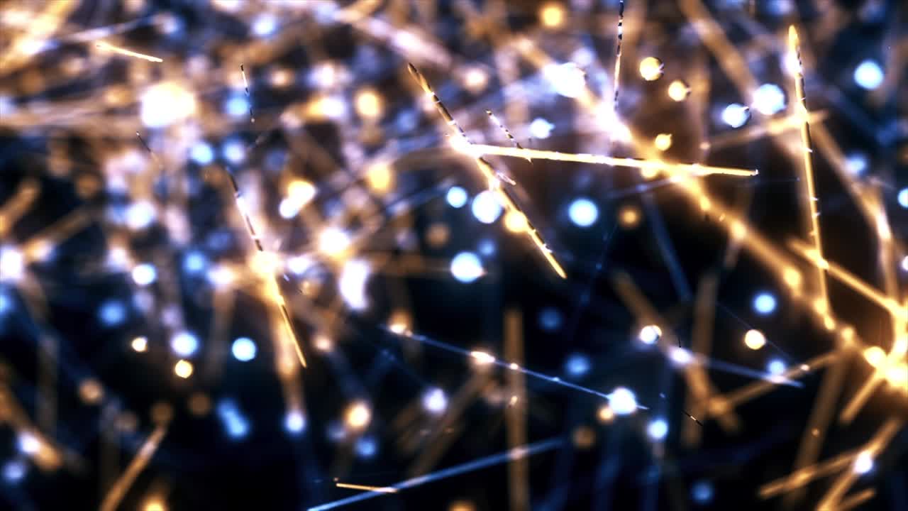 абстрактные красочные неоновые линии с светящимися дефокусированными частицами. анимация. рождественская тема, красивые короткие линии с отражающей поверхностью и блестящие сферы, движущиеся хаотично на черном фоне, бесшовная петля.