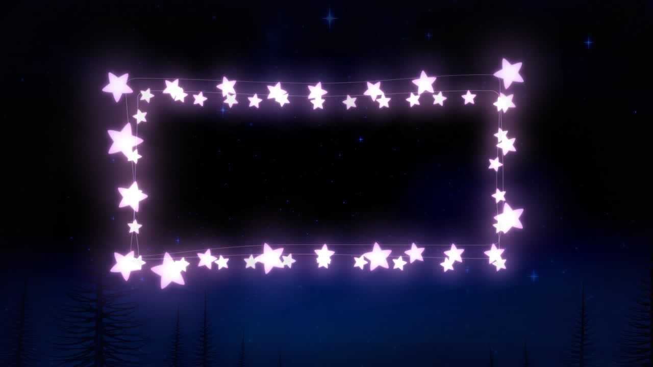 Animation of fairy light frame with copy space over fir trees and winter scenery